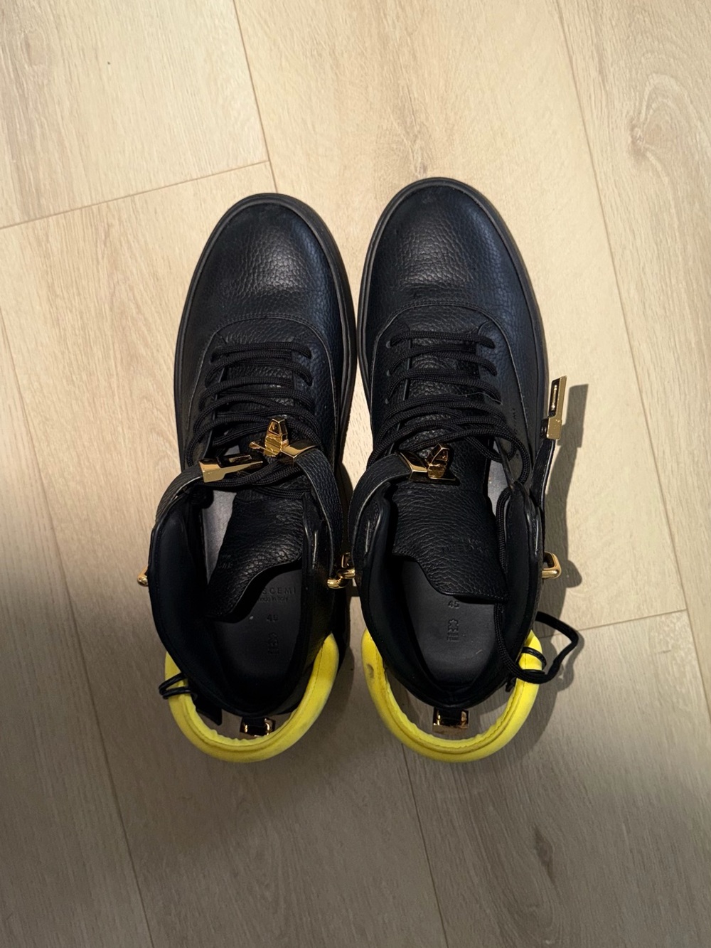 Men’s Buscemi Black Leather High-Top Sneakers with Yellow Heel Accent